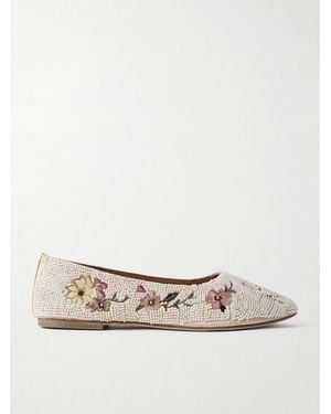 STAUD Alba Beaded Embroidered Satin Ballet Flats - Natural
