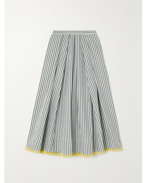 Rosie Assoulin Pleated Lace-Trimmed Striped Cotton-Poplin Midi Skirt - Grey