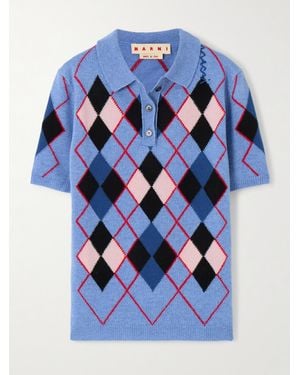 Marni Embroidered Argyle Wool Polo Shirt - Blue