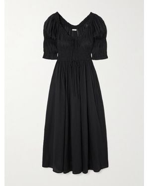 Doen Ischia Shirred Organic Cotton-Voile Midi Dress - Black