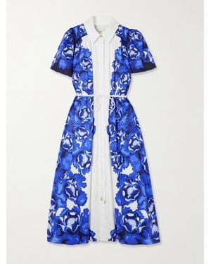 Aje. Fernanda Belted Embellished Floral-Print Cotton Midi Shirt Dress - Blue