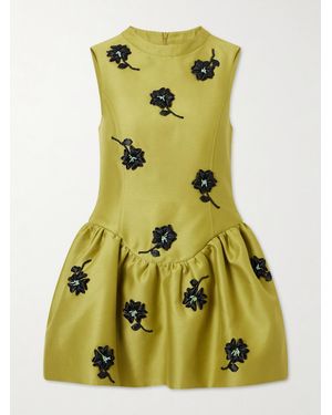 ShuShu/Tong Floral-Appliqué Gathered Satin Mini Dress - Yellow