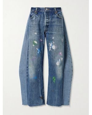 B Sides Vintage Lasso Distressed Frayed Paneled Paint-Splatter Wide-Leg Jeans - Blue
