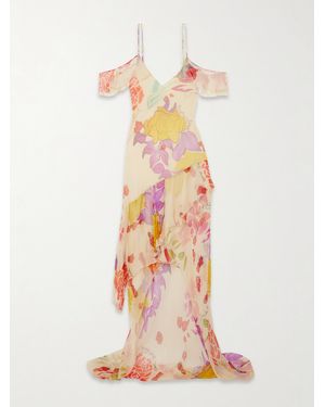 Donde Esteban Flores Ruffled Floral-Print Silk-Chiffon Maxi Dress - White
