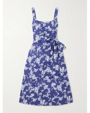 Carolina Herrera Belted Floral-Print Faille Midi Dress - Blue
