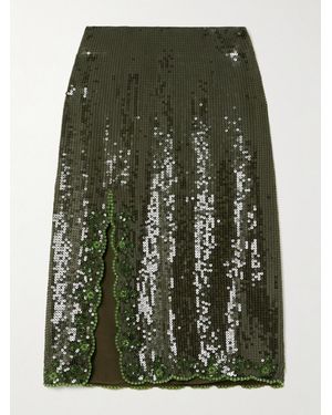 Clio Peppiatt Olivine Scalloped Embellished Crepe Midi Skirt - Green
