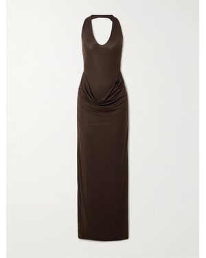 Maygel Coronel Conto Appliquéd Draped Stretch-Jersey Maxi Dress - Brown