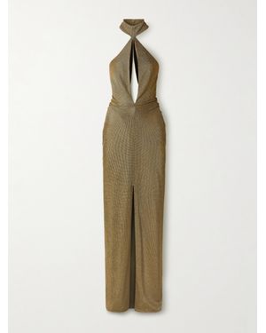 Tom Ford Cutout Metallic Stretch-Knit Halterneck Gown - Natural