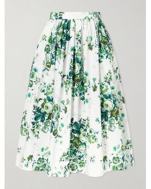Erdem Pleated Floral-Print Cotton-Poplin Midi Skirt - Green