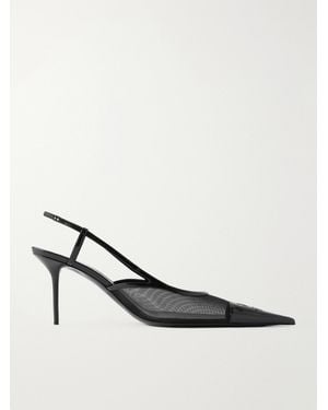 Saint Laurent Renée Embroidered Patent Leather-Trimmed Mesh Slingback Pumps - Natural
