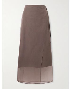 Brunello Cucinelli Organza-Trimmed Cotton-Blend Midi Wrap Skirt - Brown