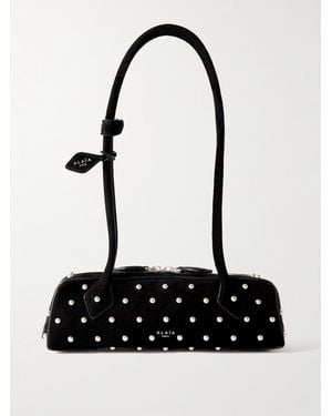 Alaïa Le Teckel Small Leather-Trimmed Studded Suede Shoulder Bag - White