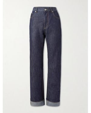 Bottega Veneta Intrecciato Suede-Trimmed Mid-Rise Straight-Leg Jeans - Blue