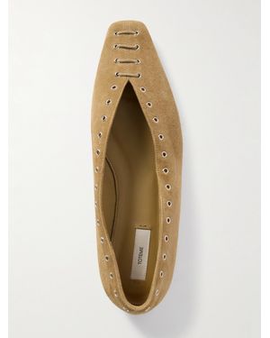TOTEME Lace-Up Eyelet-Embellished Suede Ballet Flats - Metallic