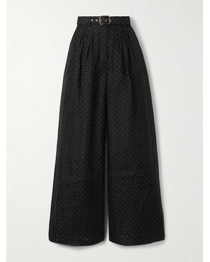 Zimmermann Belted Pleated Polka-Dot Linen And Silk-Blend Organza Wide-Leg Trousers - Black