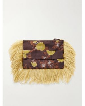 La DoubleJ Party Feather-Trimmed Floral-Jacquard Clutch - Natural