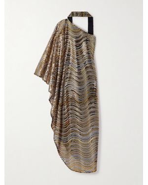 ‎Taller Marmo The Glaum One-Shoulder Scarf-Detailed Sequin-Embellished Mesh Gown - Metallic