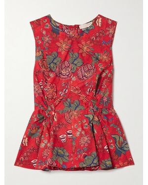 Ulla Johnson Sydney Pleated Printed Cotton-Poplin Peplum Top - Red