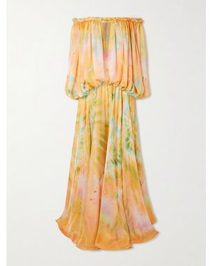 Zimmermann Luna Twist Off-The-Shoulder Cutout Gathered Printed Silk-Satin Maxi Dress - Yellow