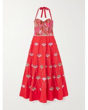 Emporio Sirenuse Lotty Bead-Embellished Embroidered Cotton-Blend Poplin Halterneck Midi Dress