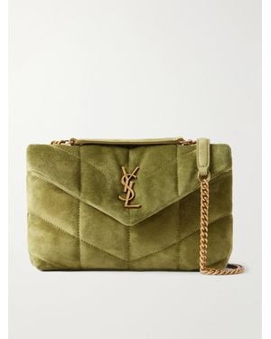 Saint Laurent Toy Puffer Matelassé Leather-Trimmed Suede Shoulder Bag - Green