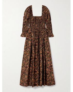 Doen Bijou Midikleid Aus Biobaumwoll-Voile Mit Blumenprint Und Raffungen - Braun