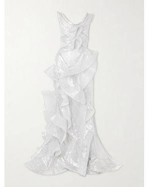 Maticevski Refraction Strapless Ruffled Sequined Mesh Gown - White