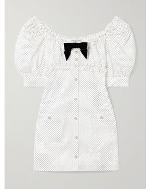 Alessandra Rich Velvet-Trimmed Ruffled Polka-Dot Cotton-Poplin Mini Dress - White