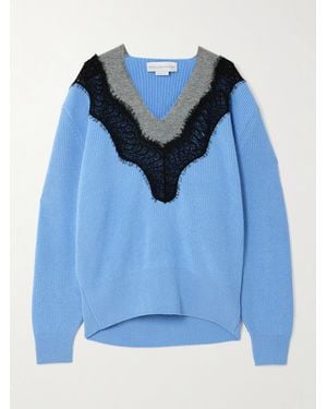 Stella McCartney Oversized Lace-Trimmed Ribbed Wool Jumper - Blue
