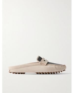 Brunello Cucinelli Slippers Aus Veloursleder Mit Zierperlen - Natur