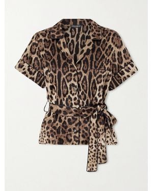 Dolce & Gabbana Belted Piped Leopard Print Silk-Blend Satin Shirt - White