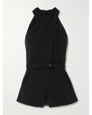 Saloni Tolu Belted Draped Bouclé Halterneck Vest - Black