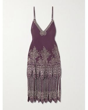Bode Epoque Fringed Embroidered Embellished Silk-Crepe Midi Dress - Purple