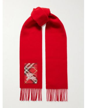 Burberry Appliquéd Fringed Cashmere Scarf - Red