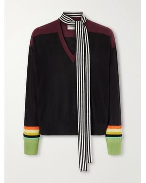 Christopher John Rogers Tie-Detailed Striped Wool And Silk-Blend Sweater - Black