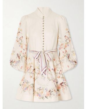 Zimmermann Valiant Floral-Print Belted Linen Mini Dress - Natural