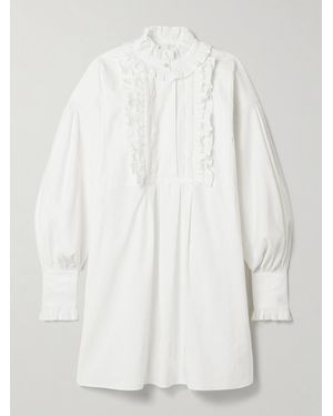 Valentino Garavani Lace-Trimmed Ruffled Cotton, Linen And Silk-Blend Mini Shirt Dress - White