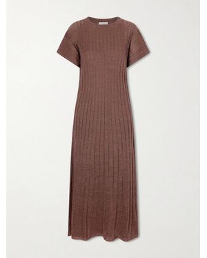 Brunello Cucinelli Metallic Ribbed-Knit Midi Dress - Brown