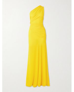 Alex Perry One-Shoulder Draped Stretch Recycled Crepe-Jersey Gown - Yellow