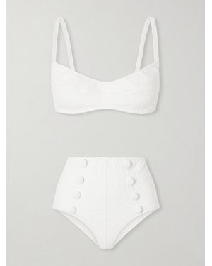 Lisa Marie Fernandez Balconette Button-Embellished Floral-Jacquard Bikini - White