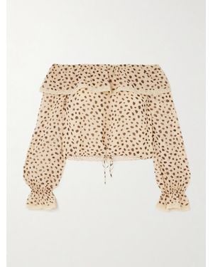 Posse Priscilla Off-The-Shoulder Lace-Trimmed Cheetah-Print Silk-Georgette Blouse - Natural