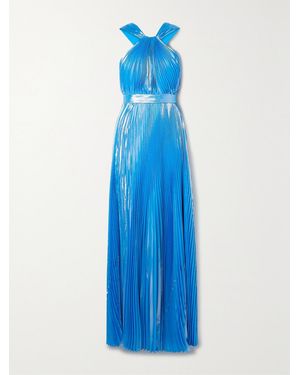 SemSem Cutout Silk And Lurex-Blend Plissé-Lamé Halterneck Gown - Blue