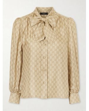 Gucci Gg Supreme Pussy-Bow Silk-Twill Blouse - Natural