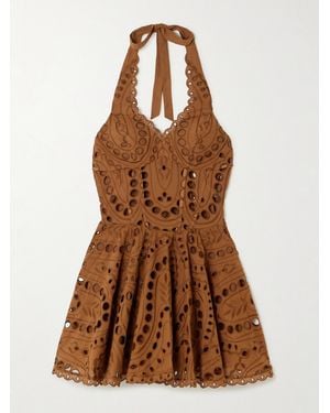 Charo Ruiz Sandlight Broderie Anglaise Cotton-Blend Halterneck Mini Dress - Brown