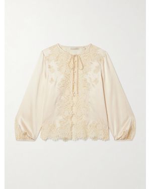 Doen Lucine Bluse Aus Seidensatin Mit Spitzenbesätzen - Natur
