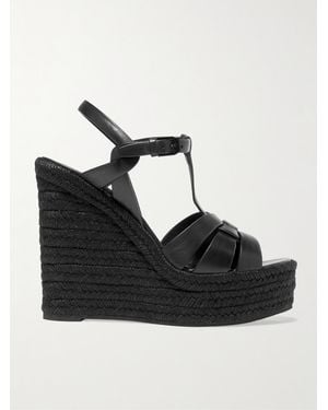 Saint Laurent Tribute Leather Espadrille Wedge Sandals - Black