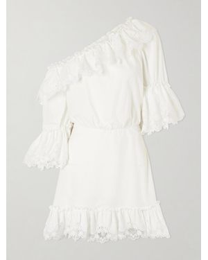 Saint Laurent One-Shoulder Guipure-Lace Trimmed Cotton-Poplin Mini Dress - Natural