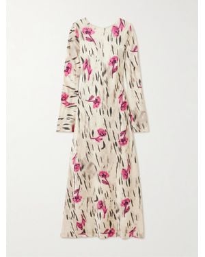 Ganni Open-Back Floral-Print Satin Maxi Dress - White