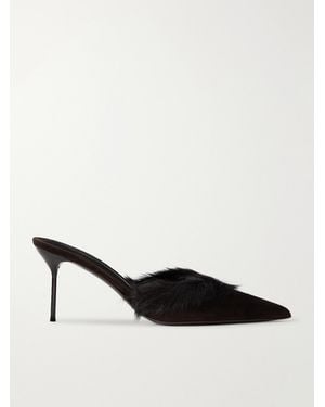 Paris Texas Lidia 70 Calf Hair-Trimmed Suede Mules - Natural