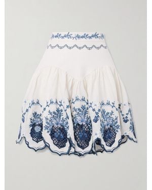 Agua Bendita Asai Wild Ruffled Embroidered Linen Skirt - Blue